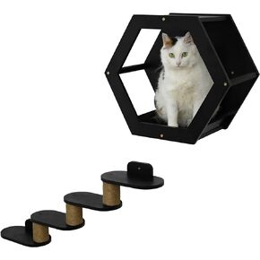 Cat Wall Shelf & Stairs - Two Pcs Set of Wall Mounted Cat Hexagonal Shelf & 4 level Ladder with Scratch Points, Indoor Aesthetic Cat Mounted Climbing Playground Furniture, Modern Cat Activity Condos in Saudi Arabia