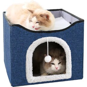 Cat Bed for Indoor Cats Cube House, Covered Cat Cave Beds & Furniture with Scratch Pad and Hideaway Tent, Cute Modern Cat Condo for Multi Small Pet Large Kitten Kitty (Dark Blue)