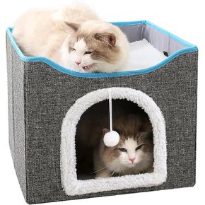 Cat Bed for Indoor Cats Cube House, Covered Cat Cave Beds & Furniture with Scratch Pad and Hideaway Tent, Cute Modern Cat Condo for Multi Small Pet Large Kitten Kitty (Dark Blue)