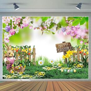 CYLYH 7x5ft Easter Backdrop Spring Easter Garden Photography Backdrop Green Grass Lawn Pink Floral Fence Background Baby Children Birthday Party Decorations Banner