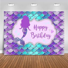 Mocsicka Mermaid Birthday Backdrop Under The Sea Birthday Party Decoration for Girl Blue Purple Scales Photography Background (7x5ft-Custom)