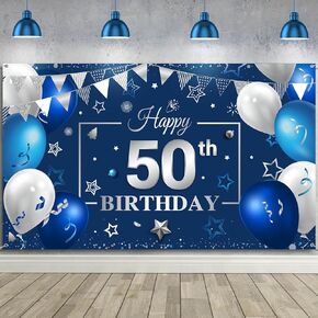 Tatuo Happy Birthday Party Decorations Navy Blue and Silver Birthday Photography Backdrop Banner Birthday Party Banner Sign for Men Women Anniversary Party Photo Props Supplies Decor (50th)