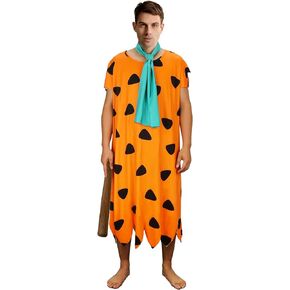 Adult Fred Costume Dress Men's Orange Robe Caveman Cosplay Tunic with Tie Sets Halloween Party Outfits