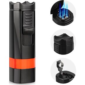Cigar Lighter, 4 Jet Flame Torch Lighter Refillable Butane Lighter Windproof Lighter with Cigar Punch & Holder Gift for Men Women (Black, Without Gas)