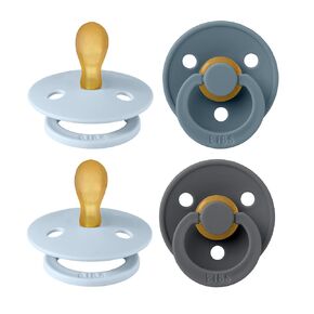 BIBS Colour Pacifier with Symmetrical Nipple| Natural Rubber Baby Pacifier | Set of 4 BPA-Free Soothers | Made in Denmark | Baby Blue Mix | Size 0-6 Months