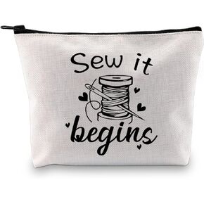 JXGZSO Sewing Lover Gift Sewer Quilter Gift Funny Sewing Cosmetic Bag With Zipper Sewing It Begin Canvas Bag With Zipper