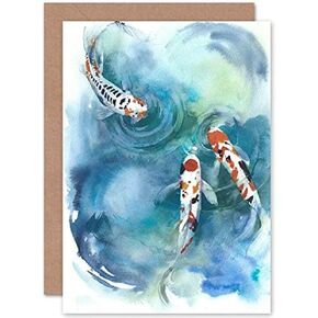 Wee Blue Coo Japanese Koi Fish Near Surface Greeting Card With Envelope Inside Premium Quality