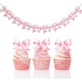 Pink Bow Garland+24Pcs Bowknot Cupcake Toppers,Bow Banner,Birthday Party Bow Cupcake Toppers ,Pink Bow Party Decor,Baby Shower Party Decorations