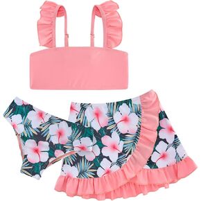 ALISISTER Girls Swimsuit 3 Piece Bathing Suits for 5-12 Years Hawaiian Bikini Set with Cover Ups Skirt