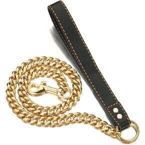 Dog Chain Leash Dog Leash Heavy Duty Strong Chew Proof 13mm Chain Length 2ft 3ft 4ft Chrome Stainless Steel 18K Gold Cuban Link Chain with Comfortable Leather Handle(Totally Length of 3FT)