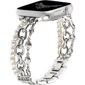 Pearl Beaded Bracelet Band Compatible with Apple Watch 38mm 40mm 41mm 42mm 44mm 45mm 49mm for Women Girl,Fashion Handmade Bracelet Elegant Wristband Cute Jewelry Strap for iWatch Series SE 9 8 7 6 5 4 3 2 1 Ultra