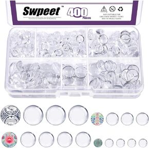 Swpeet 400 قطعة 4 مقاسات 6 مم/8 مم/10 مم/12 مم كبوشن زجاجي شفاف على شكل قبة كابوشون مستديرة مجموعة متنوعة من البلاط، بلاط كبوشن مستدير شفاف يناسب قلادة قلادة الصور DIY صناعة المجوهرات اليدوية