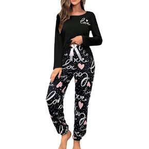 WDIRARA Women's Sleepwear Cartoon Cow Letter Print Long Sleeve Tee and Bow Pants Pajama Set