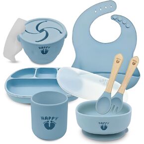 Happy Feet Feeding Set, 9 Piece Baby Feeding Supplies Set, Food Grade Silicone Baby Feeding Set, Baby Led Weaning Set and Baby Dishes, Quality Baby Suction Bowls and Plates. (Blue)