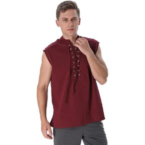 Mens Renaissance Shirt Medieval Viking Lace Up Sleeveless Shirts Pirate T-Shirt Costume Victorian Tank Top