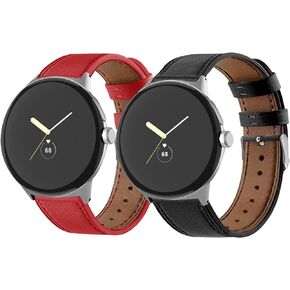 2 Pack Leather Bands Compatible with Google Pixel Watch 2/Pixel Watch Wristbands Metal Connectors Leather Band Strap Women Men for Pixel Watch 2