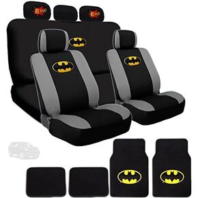 Ultimate Batman Car Seat Covers and Floor Mats from BDK Bundled with Classic BAM Logo Headrest Covers Gift Set