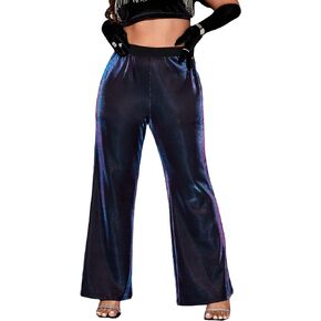 WDIRARA Women's Plus Size Metallic Sparkly Elastic High Waisted Wide Leg Flare Hem Party Club Shiny Pants