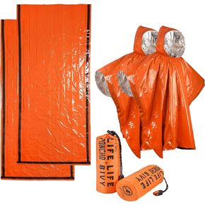 Emergency Rain Poncho & Sleeping Bag Set of 2 Orange Thermal Mylar Space Blanket Sack Survival Kit for Car Activities Hiking Camping Gear Equipment