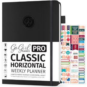 GoGirl Planner PRO - Undated Horizontal Layout Weekly Planner and Organizer + Budgeting and Expense Tracking Pages, Goals Journal & Agenda, 7" x 10" Hardcover, Lasts 1 Year - Purple