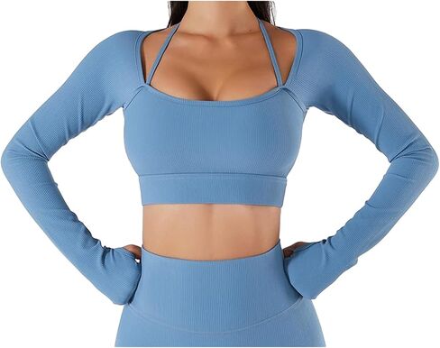 Women Summer Long Sleeves Workout Sportswear, Square Neck Wider Hem High Waist Fingertip Quick Drying Yoga Sports Top(S-Dark Blue) in Saudi Arabia