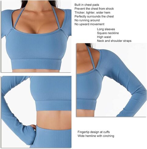 Women Summer Long Sleeves Workout Sportswear, Square Neck Wider Hem High Waist Fingertip Quick Drying Yoga Sports Top(S-Dark Blue) in Saudi Arabia