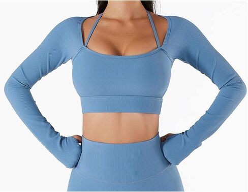 Women Summer Long Sleeves Workout Sportswear, Square Neck Wider Hem High Waist Fingertip Quick Drying Yoga Sports Top(S-Dark Blue) in Saudi Arabia