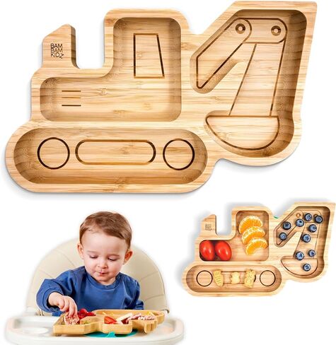 Bamboo Divided Suction Plates for Baby - Strong Suction Plates for Toddlers - Non-toxic All Natural Eco Friendly Materials - Digger in Saudi Arabia