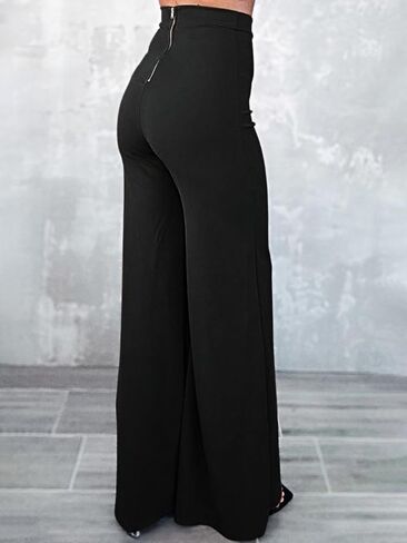 Flamingals Women's High Waist Wide Leg Pants Solid Zip Black Trousers for Women in Saudi Arabia