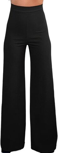 Flamingals Women's High Waist Wide Leg Pants Solid Zip Black Trousers for Women in Saudi Arabia