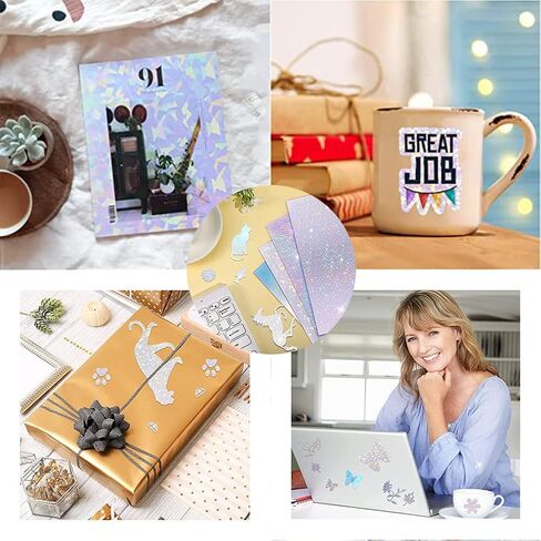 24 Sheets Holographic Sticker Paper Clear A4 Vinyl Printable Sticker Paper For Inkjet/Laser Printer, Dries Quickly Waterproof Sticker Paper Dazzling Style in Kuwait