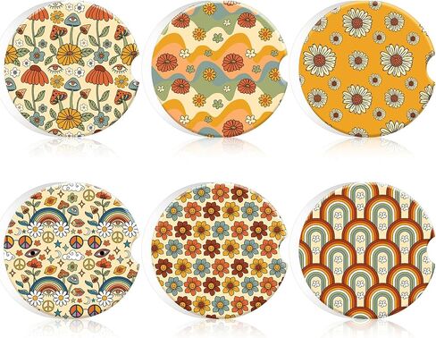 AnyDesign 6Pcs Boho Ceramic Car Coaster with Finger Notch Retro Rainbow Daisy Flower Car Cup Holder Coasters with Anti-Slip Cork Base Absorbent Drink Coaster for Auto Accessories, 2.6 Inch in Saudi Arabia