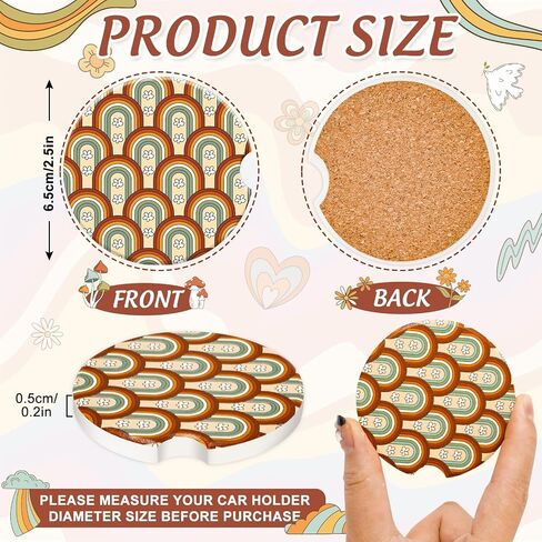 AnyDesign 6Pcs Boho Ceramic Car Coaster with Finger Notch Retro Rainbow Daisy Flower Car Cup Holder Coasters with Anti-Slip Cork Base Absorbent Drink Coaster for Auto Accessories, 2.6 Inch in Saudi Arabia