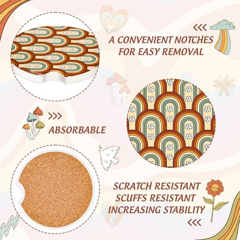 AnyDesign 6Pcs Boho Ceramic Car Coaster with Finger Notch Retro Rainbow Daisy Flower Car Cup Holder Coasters with Anti-Slip Cork Base Absorbent Drink Coaster for Auto Accessories, 2.6 Inch in Saudi Arabia
