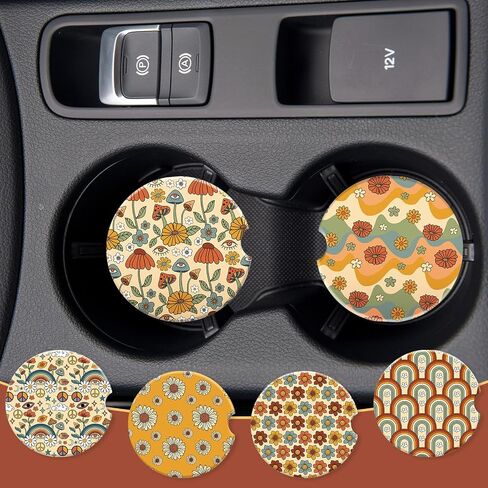 AnyDesign 6Pcs Boho Ceramic Car Coaster with Finger Notch Retro Rainbow Daisy Flower Car Cup Holder Coasters with Anti-Slip Cork Base Absorbent Drink Coaster for Auto Accessories, 2.6 Inch in Saudi Arabia