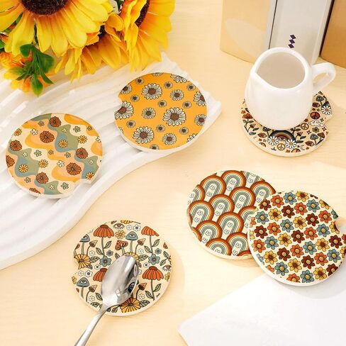 AnyDesign 6Pcs Boho Ceramic Car Coaster with Finger Notch Retro Rainbow Daisy Flower Car Cup Holder Coasters with Anti-Slip Cork Base Absorbent Drink Coaster for Auto Accessories, 2.6 Inch in Saudi Arabia