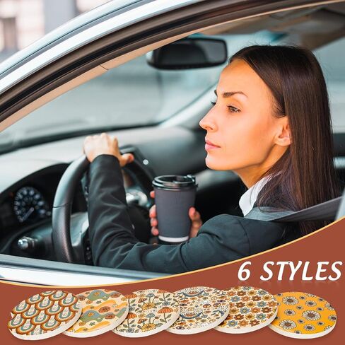 AnyDesign 6Pcs Boho Ceramic Car Coaster with Finger Notch Retro Rainbow Daisy Flower Car Cup Holder Coasters with Anti-Slip Cork Base Absorbent Drink Coaster for Auto Accessories, 2.6 Inch in Saudi Arabia