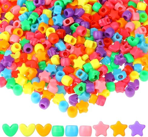 600pcs Heart Plastic Shaped Pony Beads Plastic Star Beads Bulk 9mm Large Hole Beads Multi Color Acrylic Beads for Jewelry Making Necklace Bracelets Earrings Hair Beads DIY Crafts Supplies in Saudi Arabia