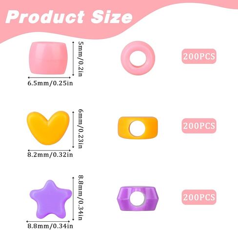 600pcs Heart Plastic Shaped Pony Beads Plastic Star Beads Bulk 9mm Large Hole Beads Multi Color Acrylic Beads for Jewelry Making Necklace Bracelets Earrings Hair Beads DIY Crafts Supplies in Saudi Arabia