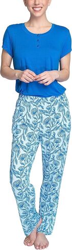 طقم بيجامة منسوجة من الريش المريح للنساء من Hanes، طقم نوم للاستراحة PJ، أزرق/أزهار، 1X in Saudi Arabia