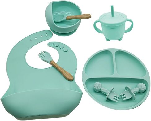 8 pcs toddler plates Silicone Baby Feeding Set with Suction Bowl Divided Plate, Toddler Self Feeding Dish Set with Bib and Plate, Spoon and Fork, Nipple and Teether, Sippy Cup and Lid (Sky blue) in Saudi Arabia