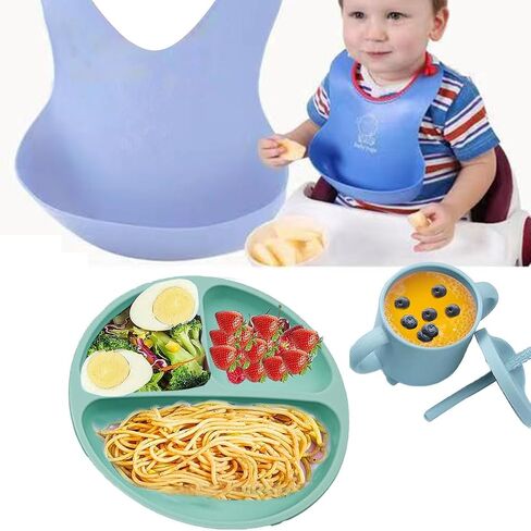 8 pcs toddler plates Silicone Baby Feeding Set with Suction Bowl Divided Plate, Toddler Self Feeding Dish Set with Bib and Plate, Spoon and Fork, Nipple and Teether, Sippy Cup and Lid (Sky blue) in Saudi Arabia