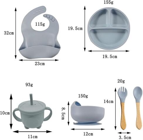 8 pcs toddler plates Silicone Baby Feeding Set with Suction Bowl Divided Plate, Toddler Self Feeding Dish Set with Bib and Plate, Spoon and Fork, Nipple and Teether, Sippy Cup and Lid (Sky blue) in Saudi Arabia