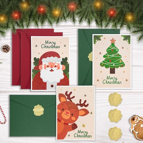 بطاقات عيد الميلاد مع مظاريف AZAZA-مظاريف حمراء مظاريف خضراء (3 تصاميم، 3 بطاقات و4 مظاريف) بطاقات سانتا كلوز، بطاقات شجرة عيد الميلاد، أظرف 5x7 للدعوات in Kuwait