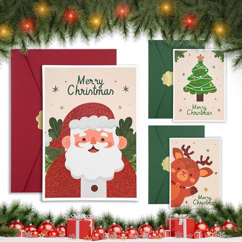 بطاقات عيد الميلاد مع مظاريف AZAZA-مظاريف حمراء مظاريف خضراء (3 تصاميم، 3 بطاقات و4 مظاريف) بطاقات سانتا كلوز، بطاقات شجرة عيد الميلاد، أظرف 5x7 للدعوات in Kuwait