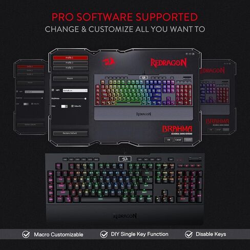 لوحة مفاتيح الألعاب الميكانيكية Redragon K586 RGB، 10 مفاتيح ماكرو مخصصة، تحكم مريح في الوسائط، ومسند معصم قابل للفصل، مفتاح أحمر in Saudi Arabia