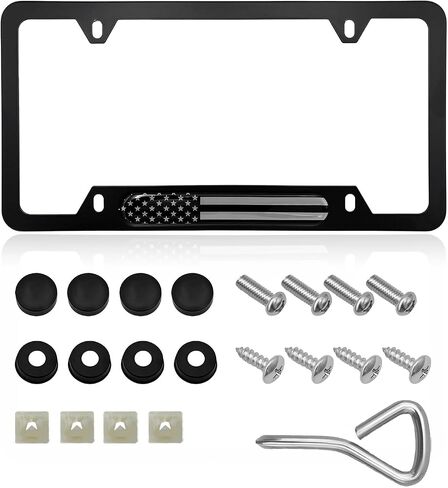 2 PCS Flag License Plate Frame, American Flag Patriotic Stainless Steel Auto Plate Cover, Vintage US Rust-Proof Vehicle License Plate Holder, Universal Car Accessories (Black) in Saudi Arabia