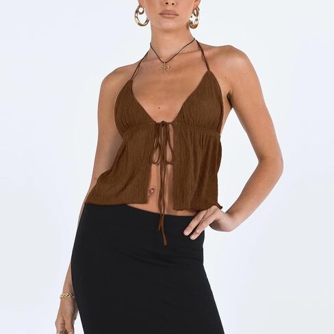 Women's Y2K Cute Summer Leopard Print Halter Top Sexy Tie Front Backless Ruffle Beach Crop Going Out Tops for Women in Kuwait