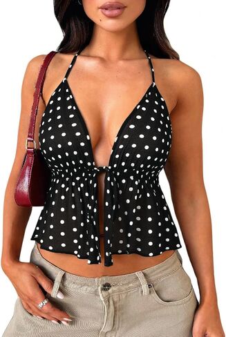 Women's Y2K Cute Summer Leopard Print Halter Top Sexy Tie Front Backless Ruffle Beach Crop Going Out Tops for Women in Kuwait
