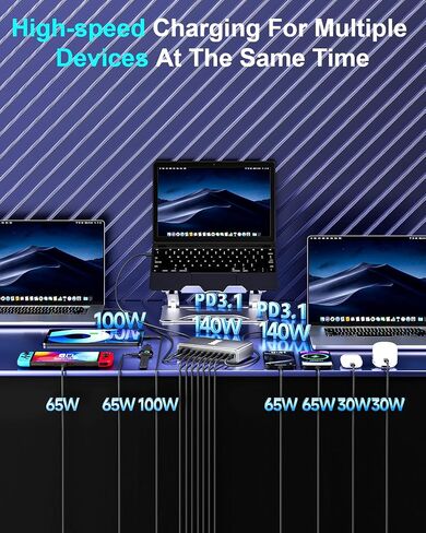 كتلة شاحن سريع USB C بقدرة 320 واط، محطة شحن USB ذات 8 منافذ، GaN Ⅲ Pro 100 واط PD PPS منفذ شحن سريع، شاحن حائط للكمبيوتر المحمول متوافق مع MacBook/iPhone 16/iPad/Galaxy S23/22 إلخ in Kuwait